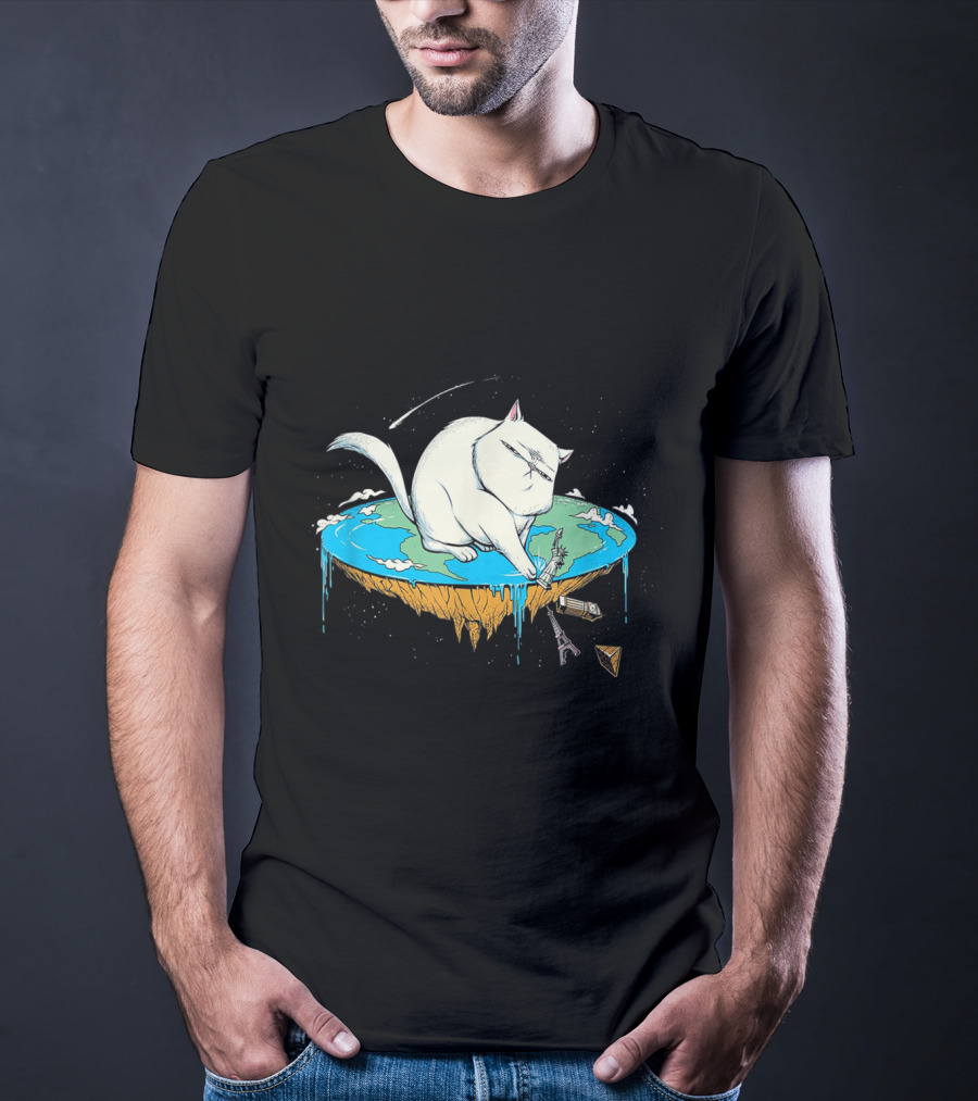 Cat Pawing Flat Earth With Iconic Landmarks For Humorous Cat Lovers T-Shirt