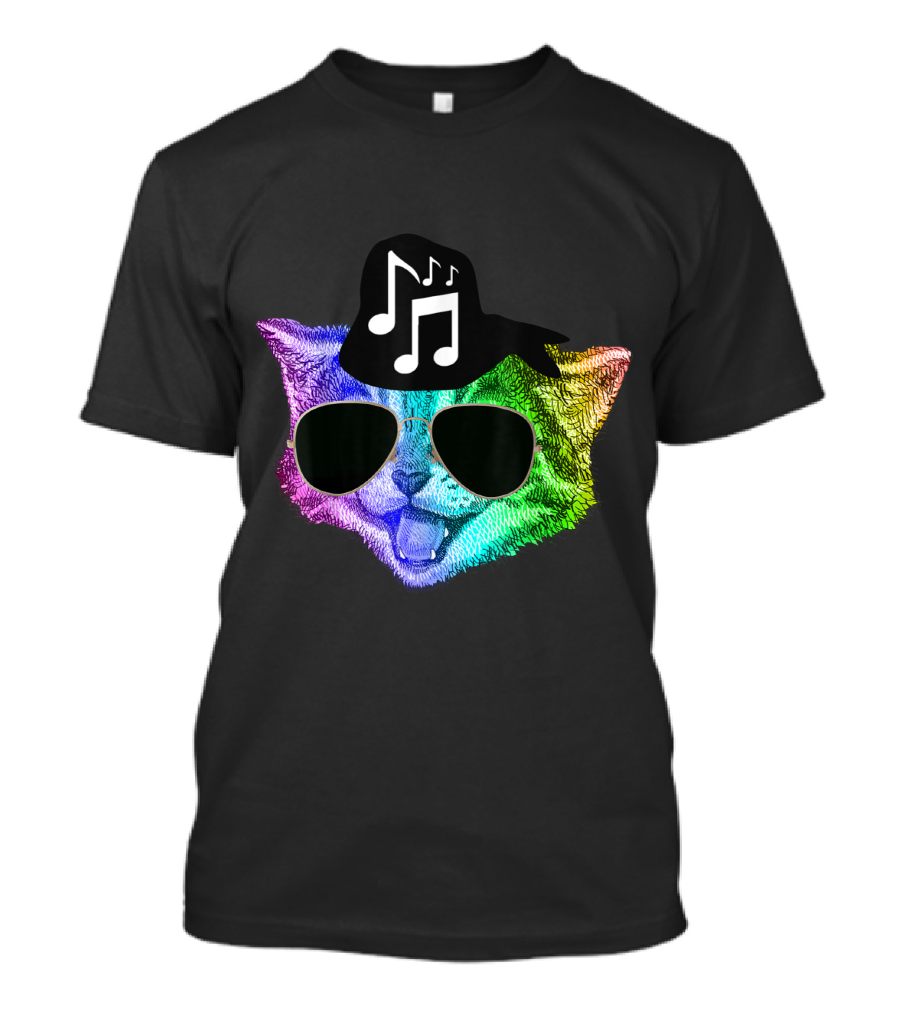 Colorful Rainbow DJ Music Kitty With Sunglasses And Hat For Feline Cat Lovers T-Shirt