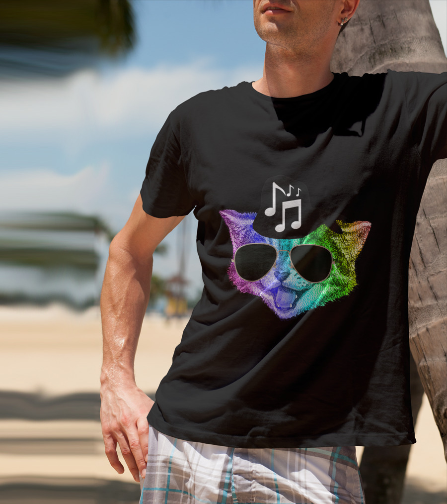 Colorful Rainbow DJ Music Kitty With Sunglasses And Hat For Feline Cat Lovers T-Shirt