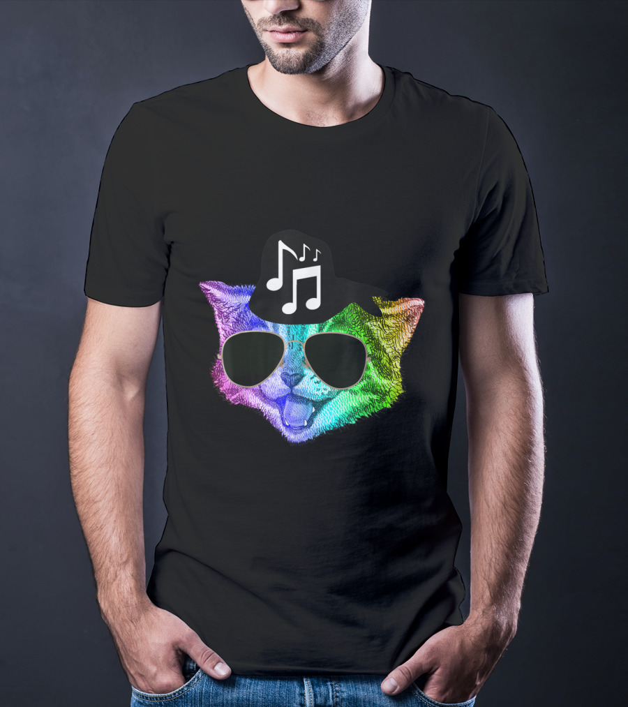 Colorful Rainbow DJ Music Kitty With Sunglasses And Hat For Feline Cat Lovers T-Shirt
