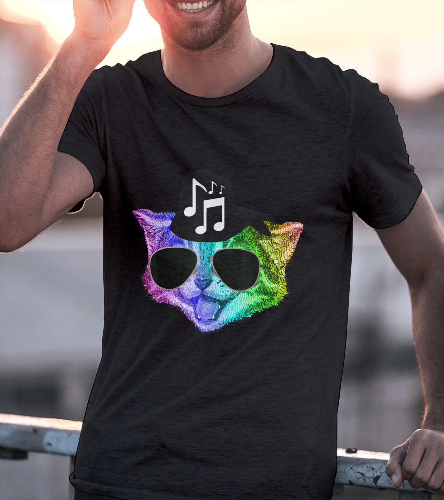 Colorful Rainbow DJ Music Kitty With Sunglasses And Hat For Feline Cat Lovers T-Shirt