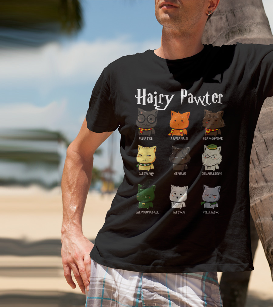 Hairy Pawter Purrter Rawrnald Hermeowne Meowfoy Seferus Dumblepurr Meowgonagall Meowg VoldeMew T-Shirt