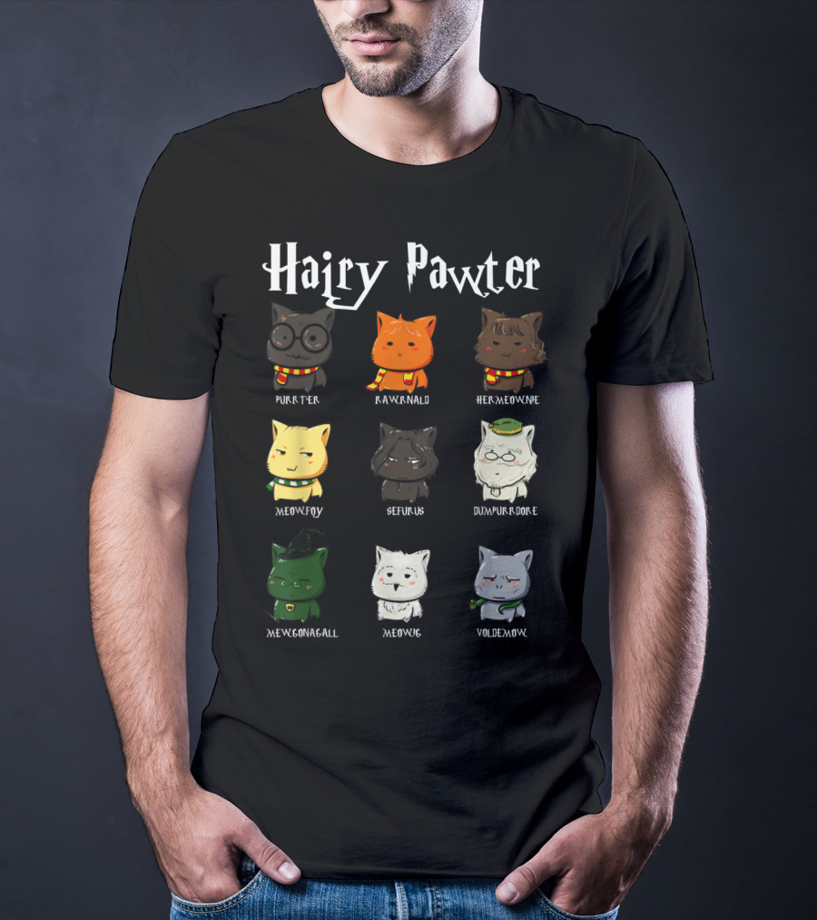 Hairy Pawter Purrter Rawrnald Hermeowne Meowfoy Seferus Dumblepurr Meowgonagall Meowg VoldeMew T-Shirt