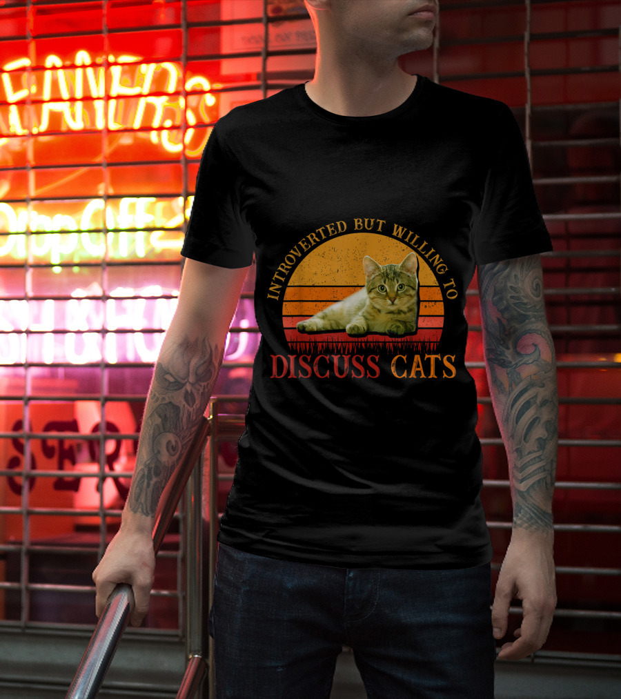 Introverted But Willing To Discuss Cats With Vintage Sunset Cat T-Shirt