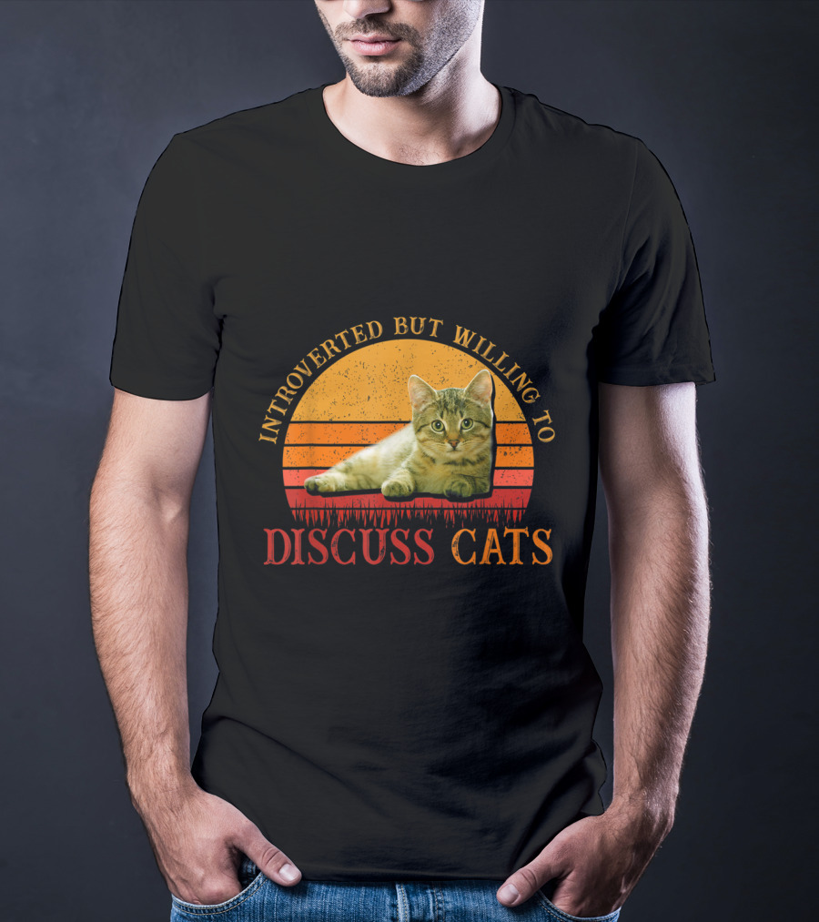 Introverted But Willing To Discuss Cats With Vintage Sunset Cat T-Shirt