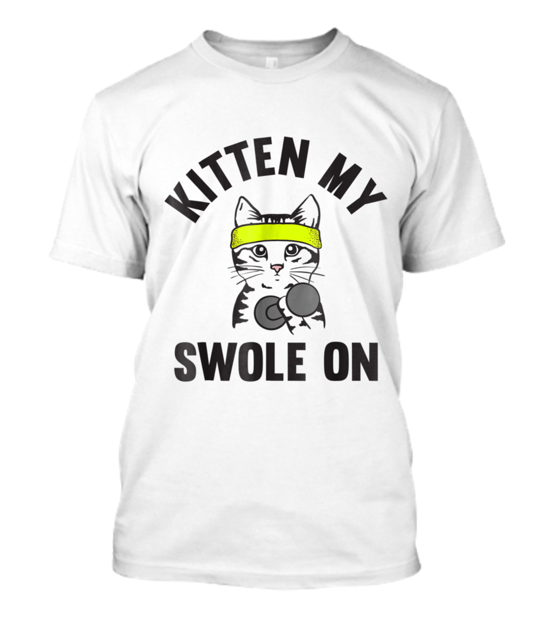 Kitten My Swole On Funny Cat Lover Gym Workout With Dumbbell And Neon Headband T-Shirt