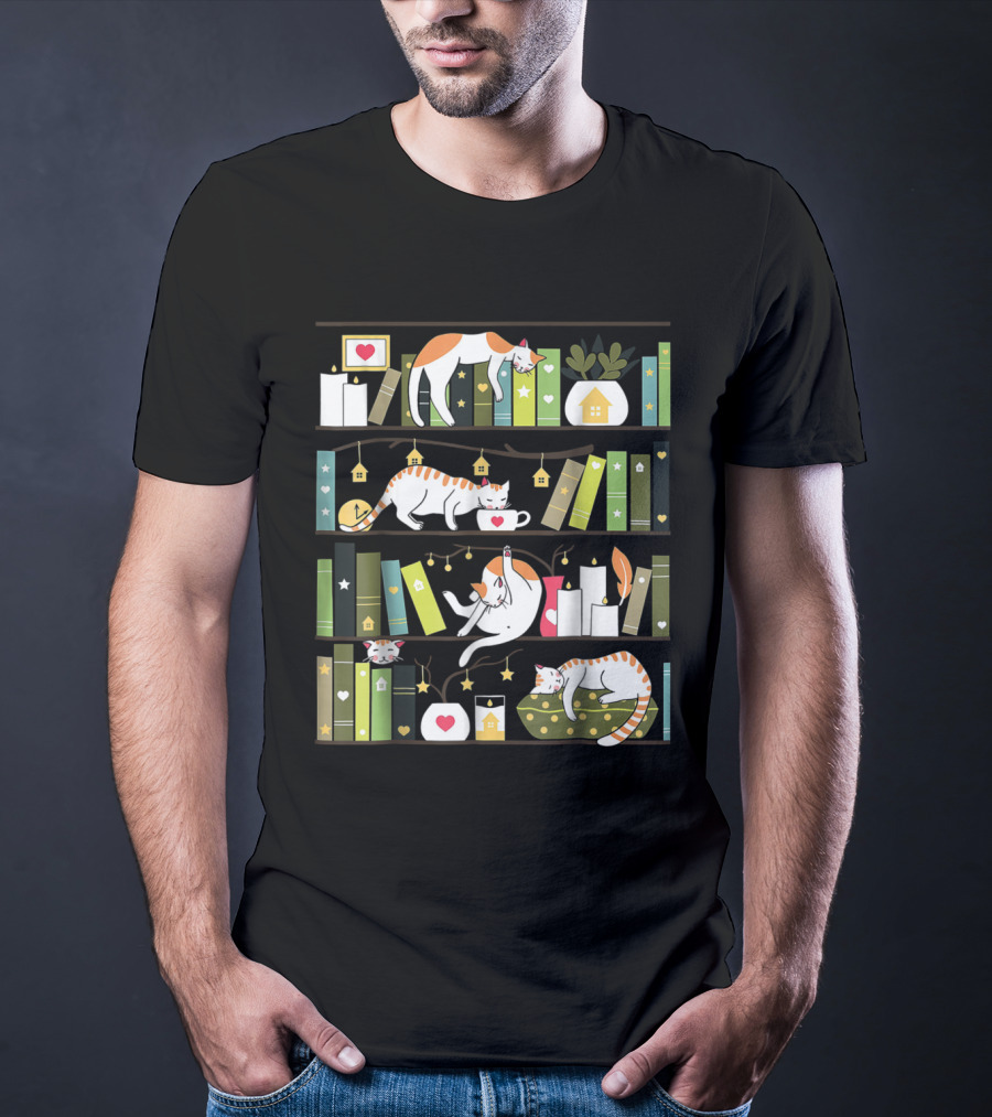 Library Cats Delightful Shelves Adorable Cats Book Lovers Day Charm T-Shirt