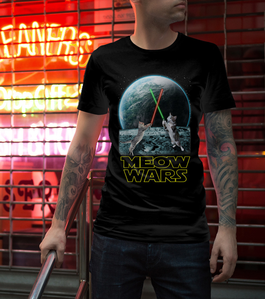 Meow Wars Funny Cats Lovers Galactic Duel With Light Sabers T-Shirt