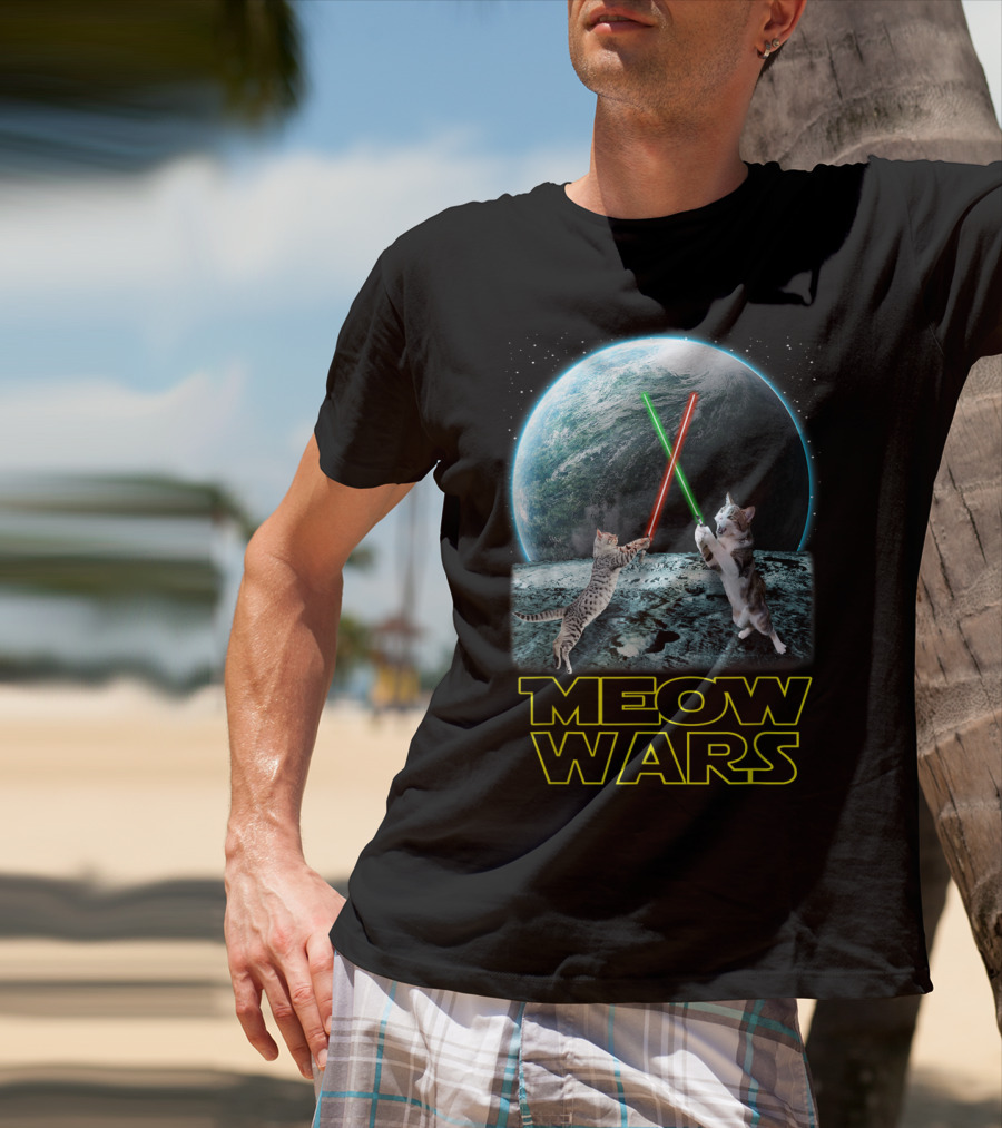 Meow Wars Funny Cats Lovers Galactic Duel With Light Sabers T-Shirt