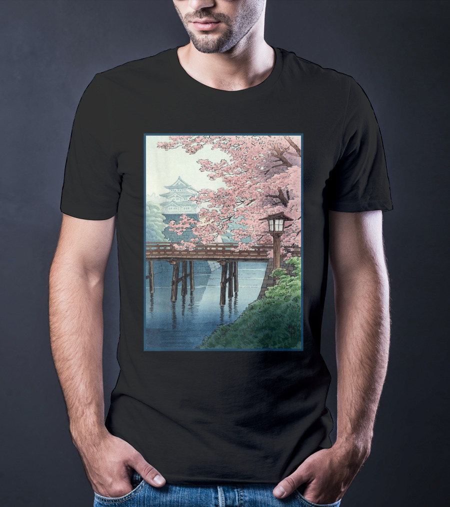 Japanese Cherry Blossom Woodblock Bridge And Pagoda Scene T-Shirt
