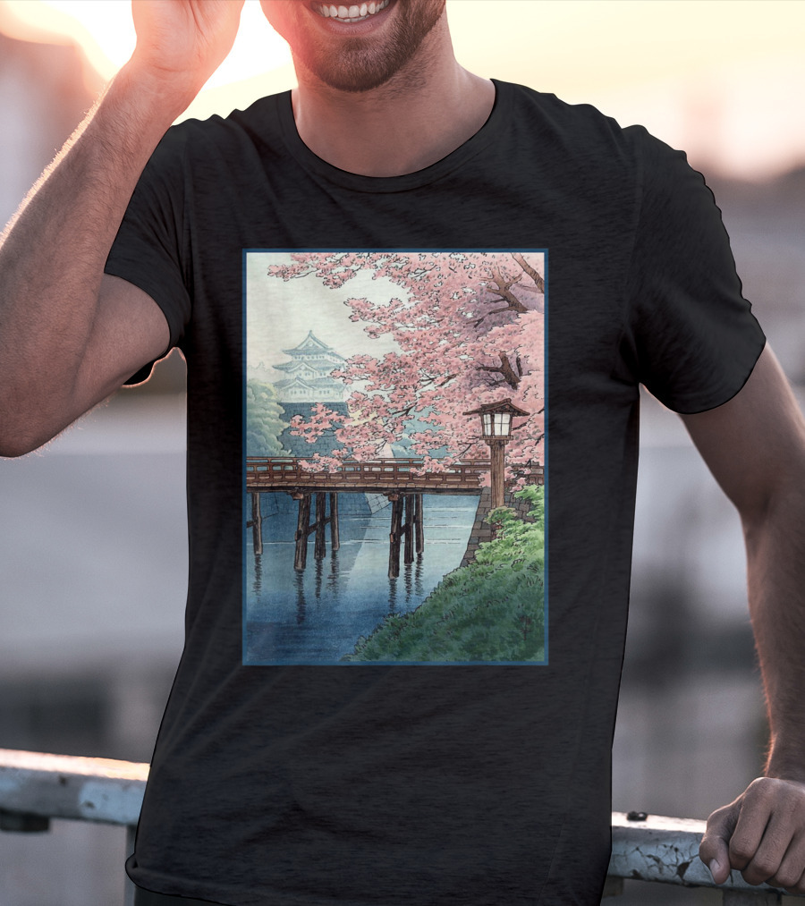 Japanese Cherry Blossom Woodblock Bridge And Pagoda Scene T-Shirt