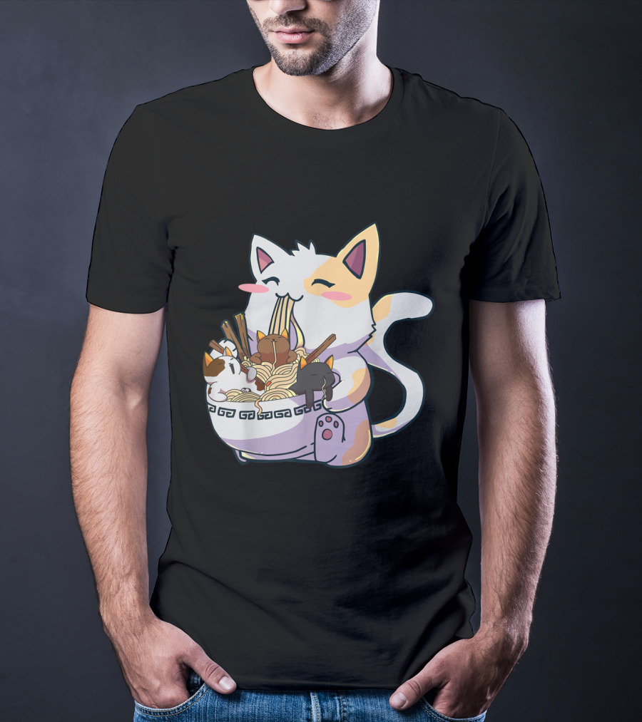 Kawaii Neko Cat With Ramen Bowl Anime Japanese Noodles And Chopsticks T-Shirt
