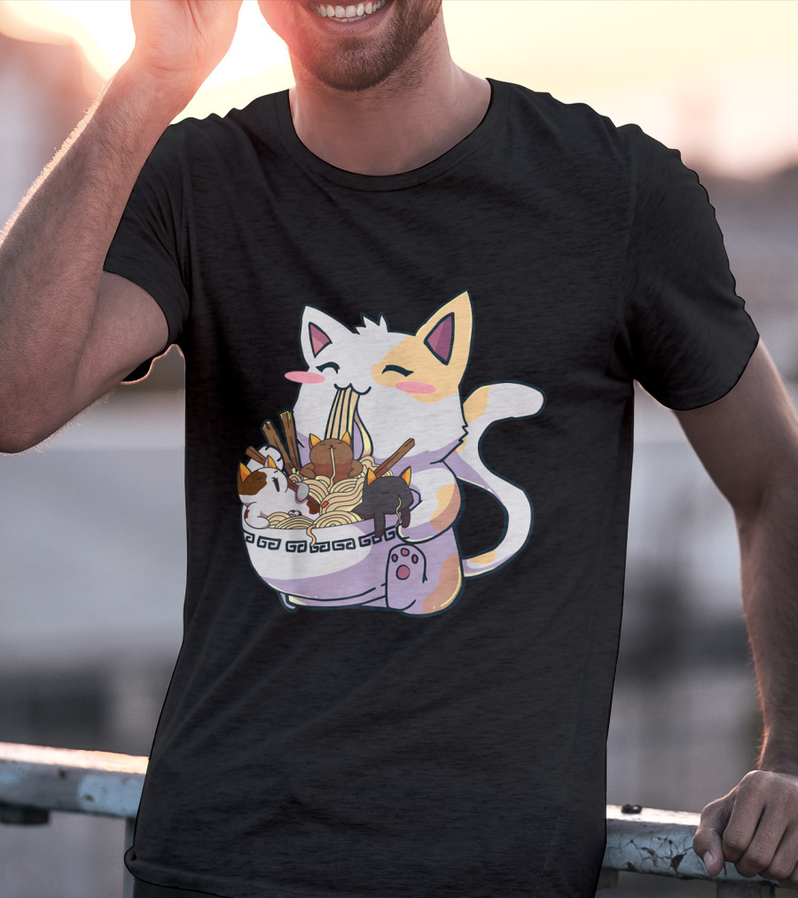 Kawaii Neko Cat With Ramen Bowl Anime Japanese Noodles And Chopsticks T-Shirt