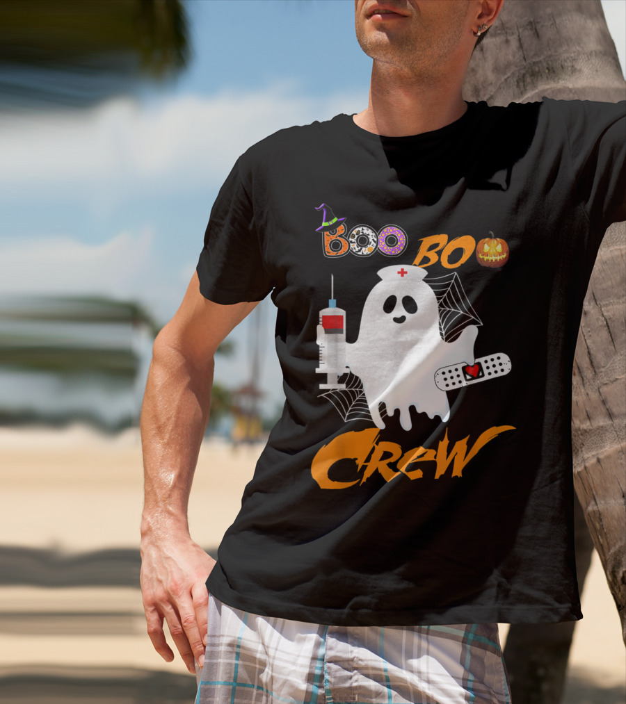 Boo Boo Crew Nurse Ghost Funny Halloween Costume With Syringe And Spider Webs T-Shirt