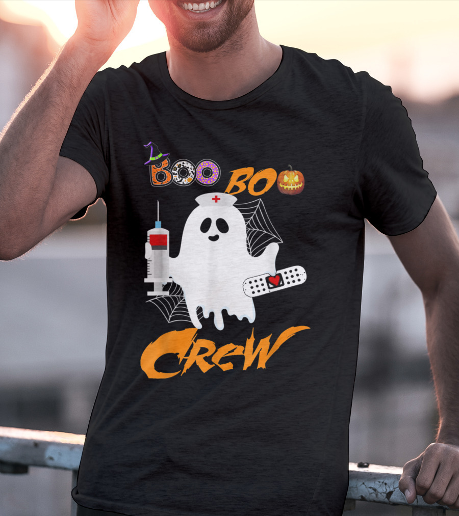 Boo Boo Crew Nurse Ghost Funny Halloween Costume With Syringe And Spider Webs T-Shirt