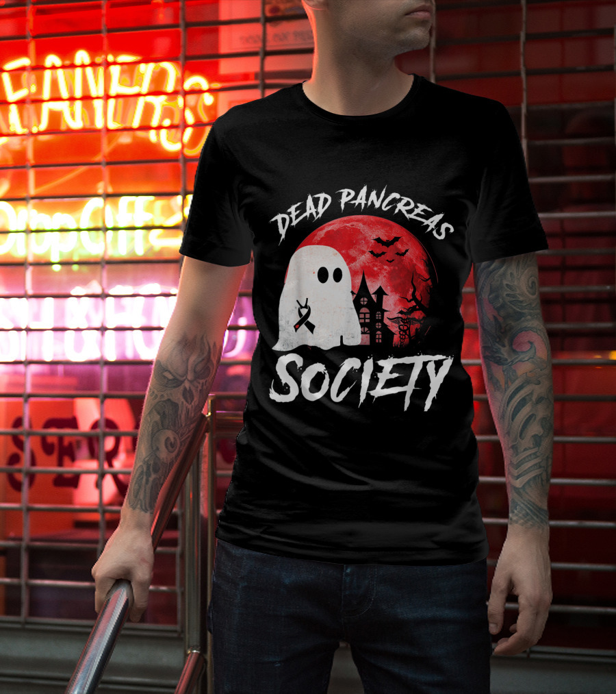 Dead Pancreas Society Halloween Ghost With Diabetes Awareness Ghostly Castle And Blood Moon T-Shirt