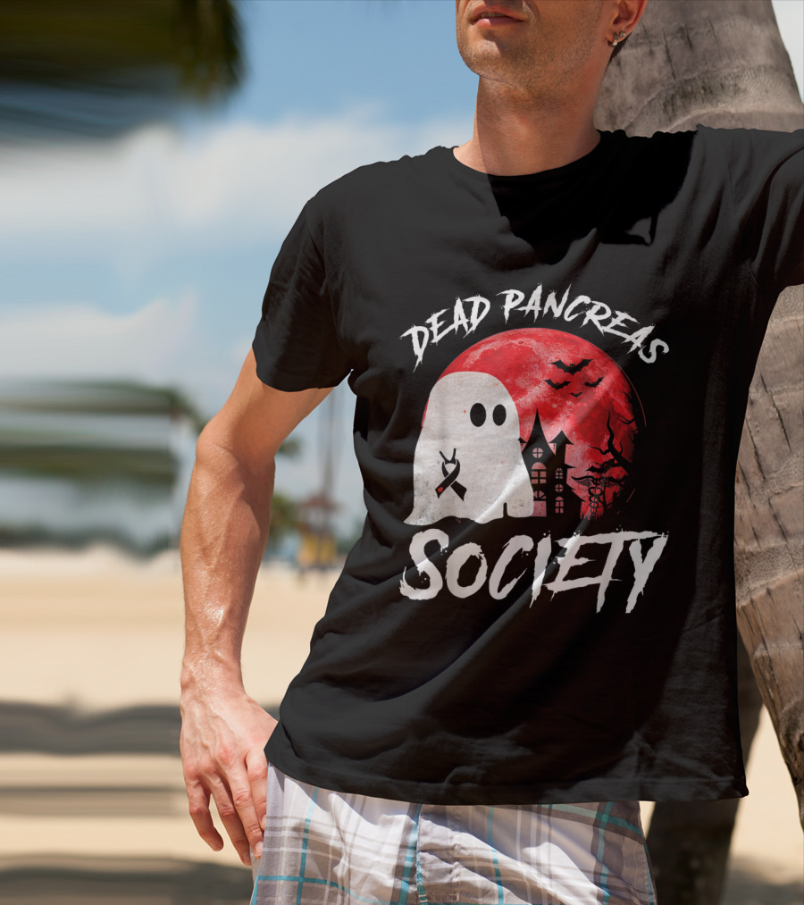 Dead Pancreas Society Halloween Ghost With Diabetes Awareness Ghostly Castle And Blood Moon T-Shirt