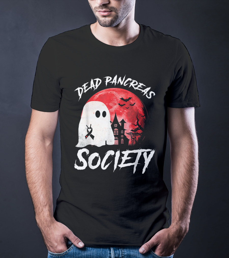 Dead Pancreas Society Halloween Ghost With Diabetes Awareness Ghostly Castle And Blood Moon T-Shirt