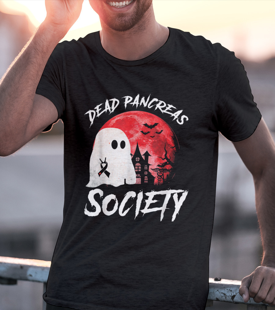 Dead Pancreas Society Halloween Ghost With Diabetes Awareness Ghostly Castle And Blood Moon T-Shirt