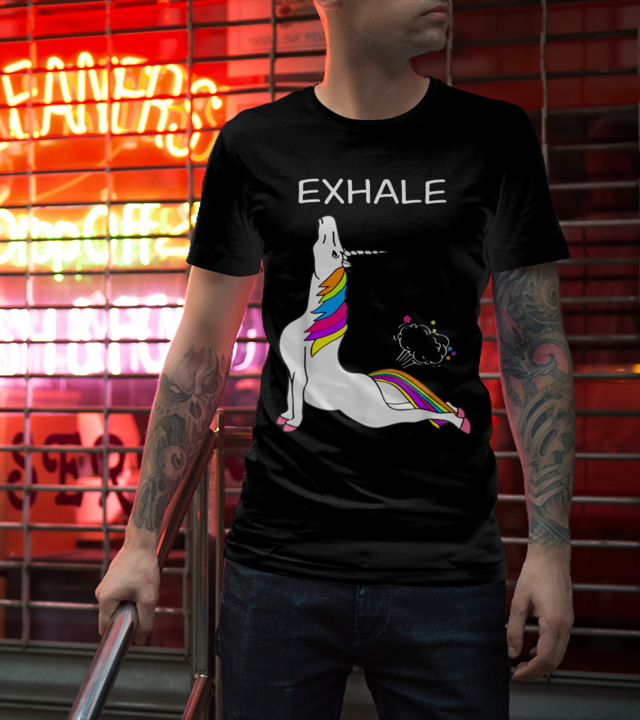 EXHALE Yoga Unicorn Funny Yoga Unicorn Exhale Fart Rainbow T-Shirt
