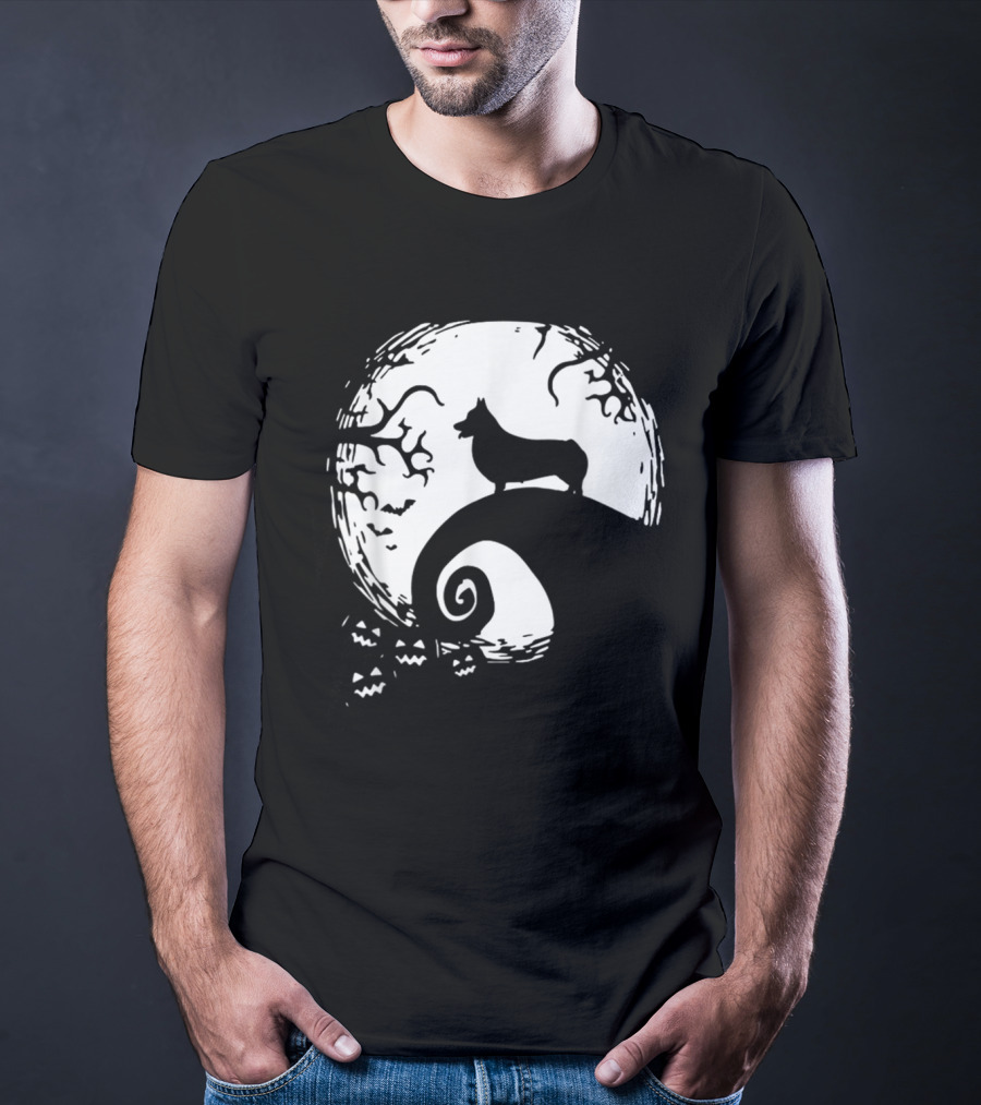 Cardigan Welsh Corgi Howling On Spiraled Hill Under Full Moon With Creepy Trees And Bats T-Shirt
