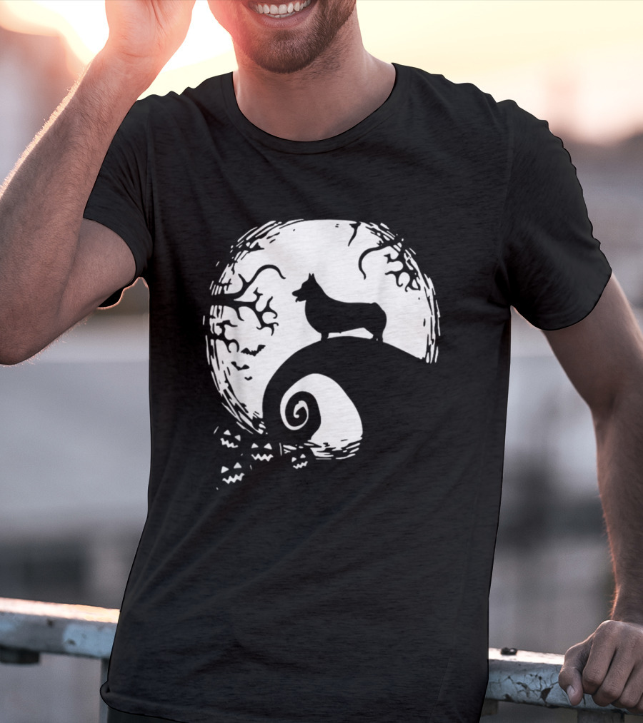 Cardigan Welsh Corgi Howling On Spiraled Hill Under Full Moon With Creepy Trees And Bats T-Shirt