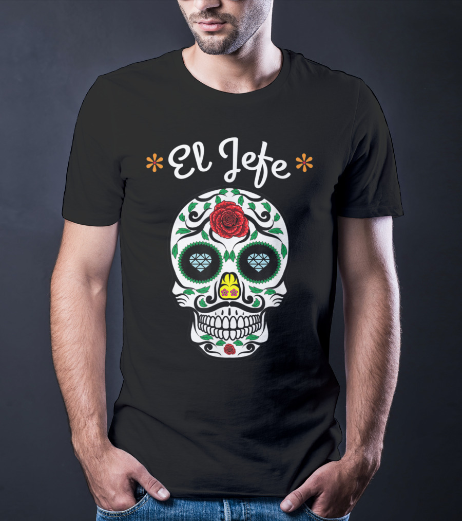 El Jefe Dia De Los Muertos Sugar Skull Art Featuring Floral And Rose Accents T-Shirt