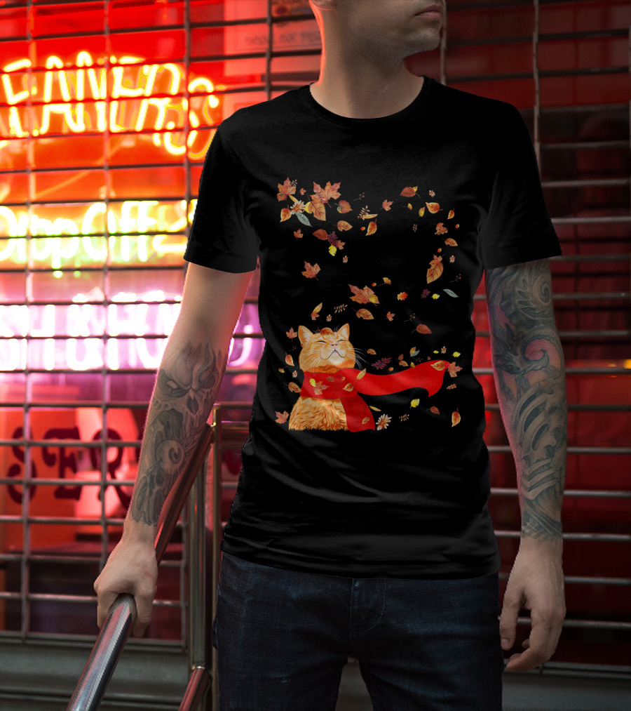 Hello Autumn Maple Leaf Fall Funny Cat Kitten Lover T-Shirt