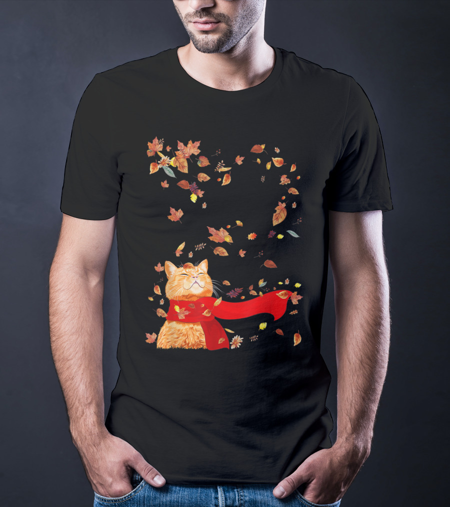 Hello Autumn Maple Leaf Fall Funny Cat Kitten Lover T-Shirt