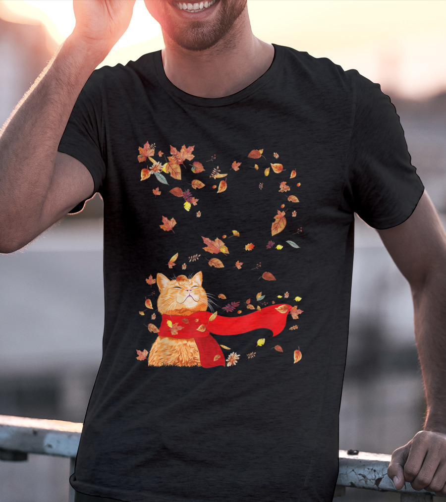 Hello Autumn Maple Leaf Fall Funny Cat Kitten Lover T-Shirt