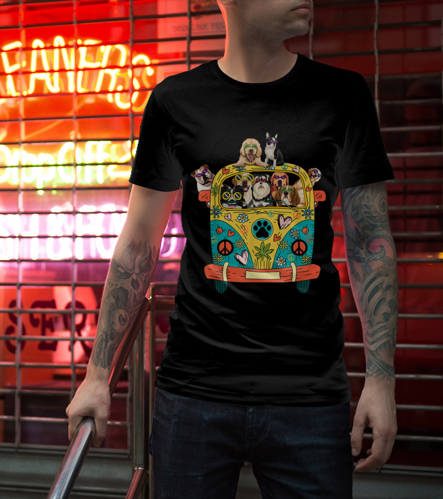 Peace Love Dogs Hippie Van With Sunglasses And Tropical Flowers T-Shirt