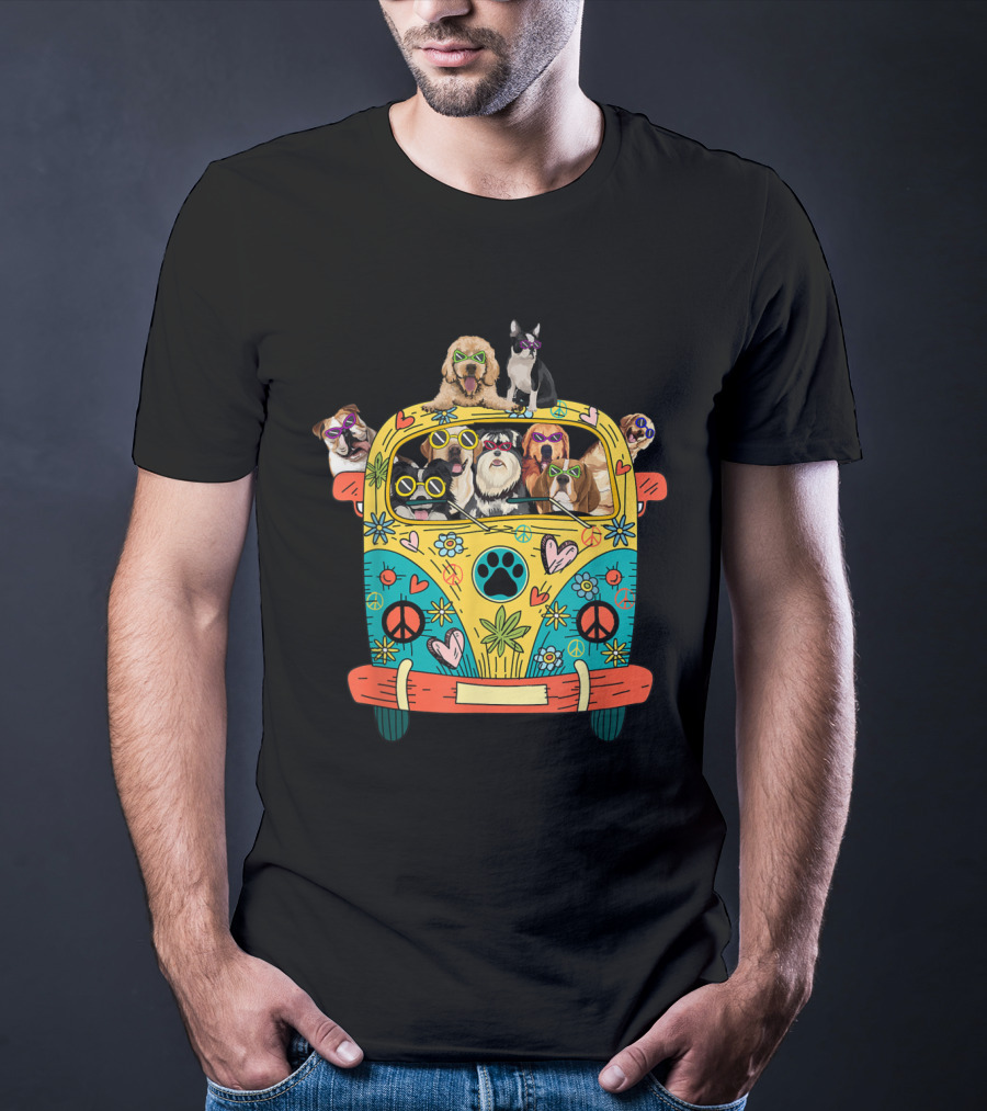 Peace Love Dogs Hippie Van With Sunglasses And Tropical Flowers T-Shirt