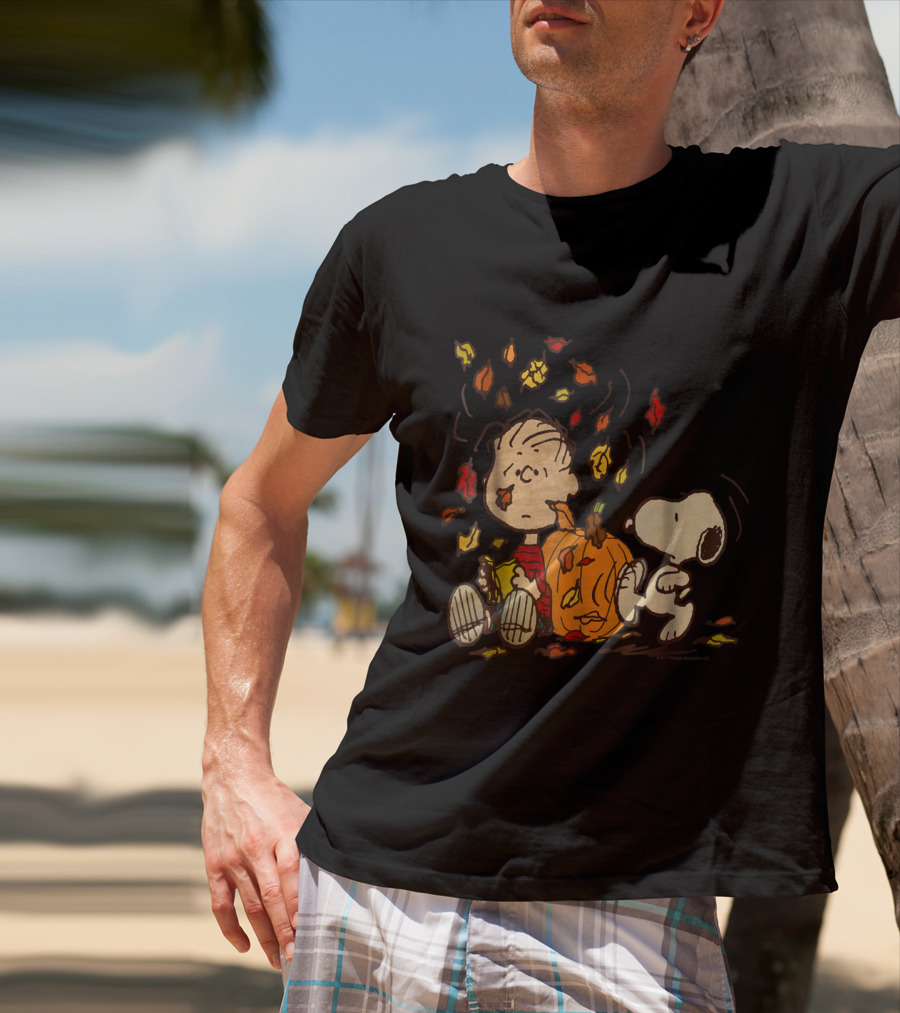 Peanuts Snoopy Linus With Pumpkin And Falling Leaves T-Shirt