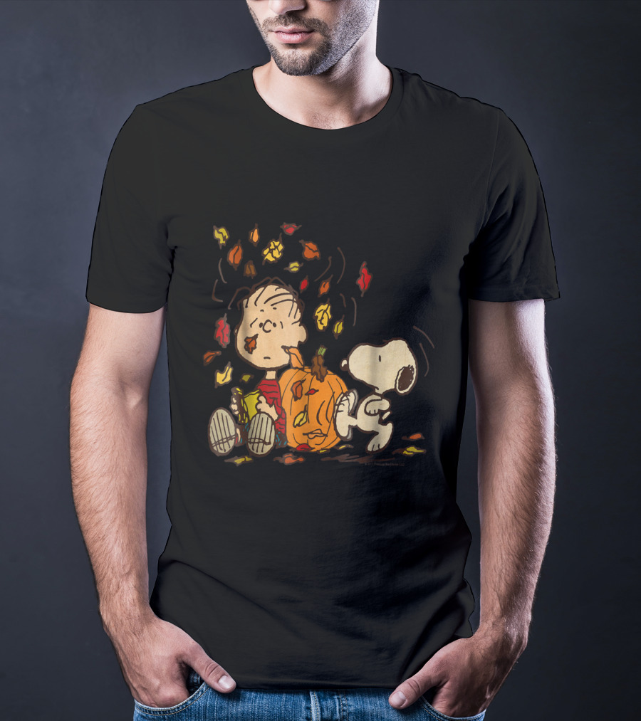 Peanuts Snoopy Linus With Pumpkin And Falling Leaves T-Shirt