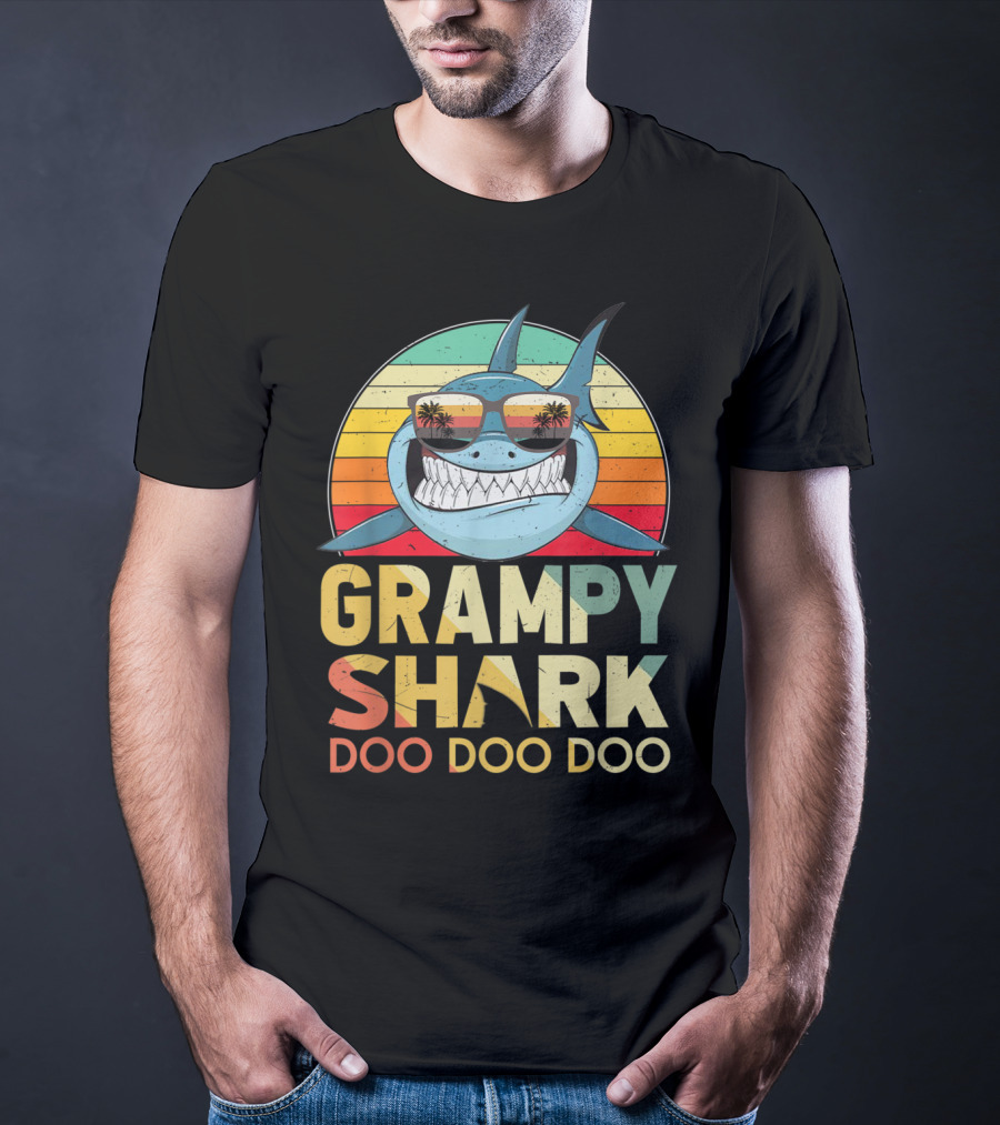 Grampy Shark Doo Doo Doo Retro Vintage Palm Trees Sunglasses T-Shirt