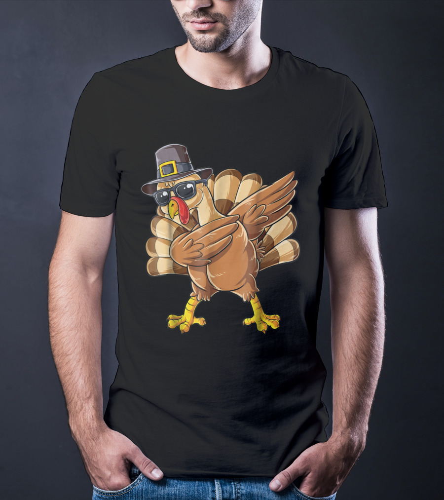 Thanksgiving Dabbing Turkey Pilgrim Hat Sunglasses Boys Day T-Shirt