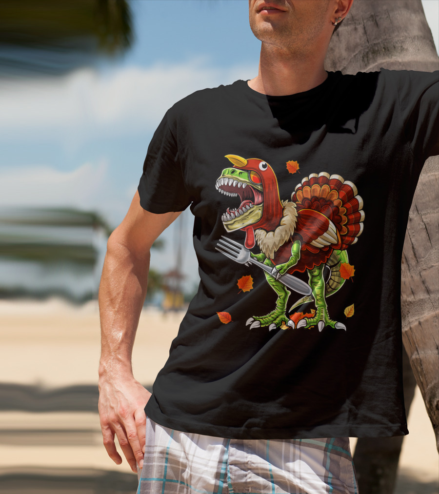 Thanksgiving Rex Dinosaur Turkey With Fork And Autumn Leaves T-Shirt