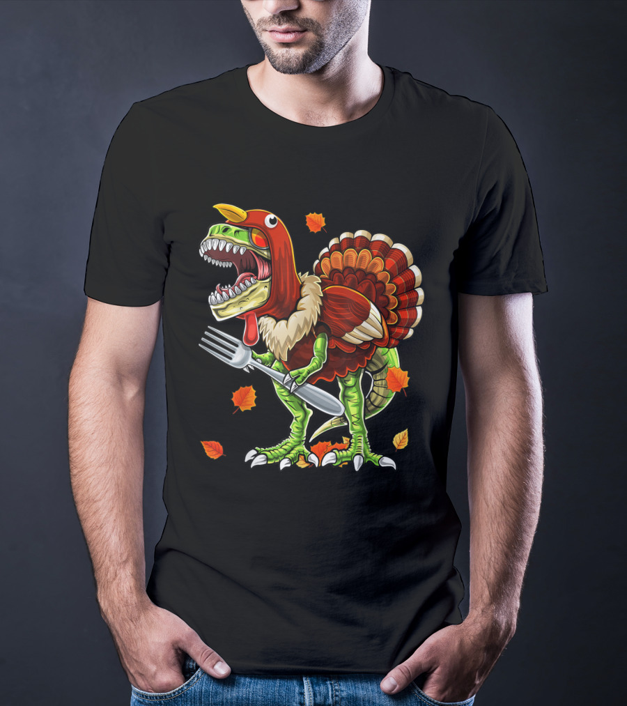 Thanksgiving Rex Dinosaur Turkey With Fork And Autumn Leaves T-Shirt