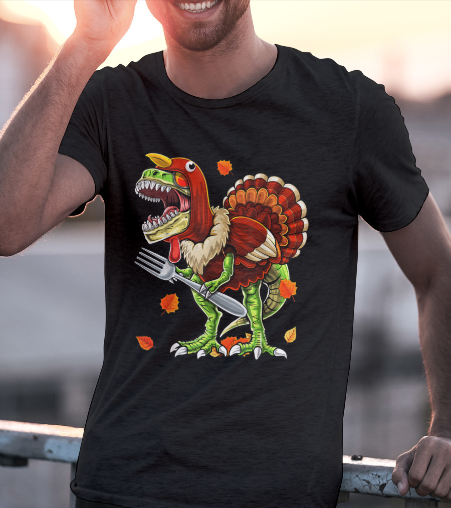 Thanksgiving Rex Dinosaur Turkey With Fork And Autumn Leaves T-Shirt