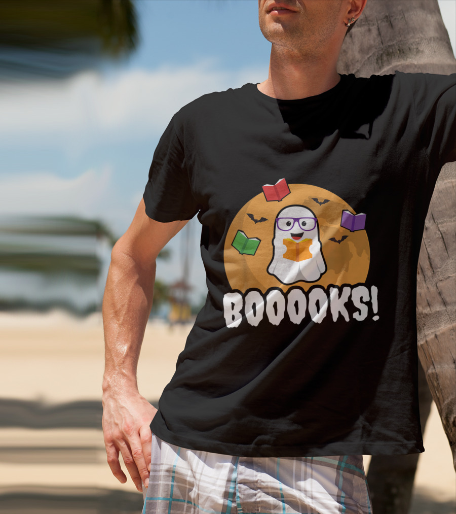 Booooks Ghost Boo Read Books Library Halloween Theme With Flying Bats And Moon T-Shirt