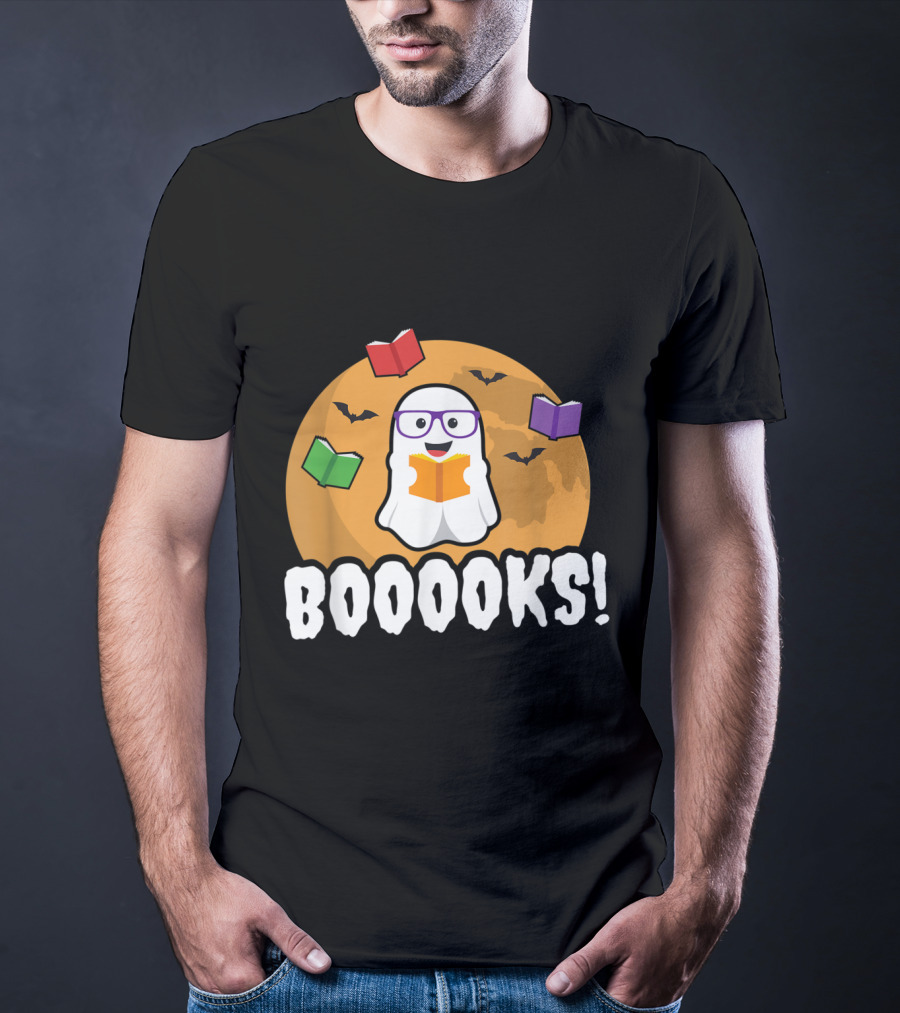 Booooks Ghost Boo Read Books Library Halloween Theme With Flying Bats And Moon T-Shirt