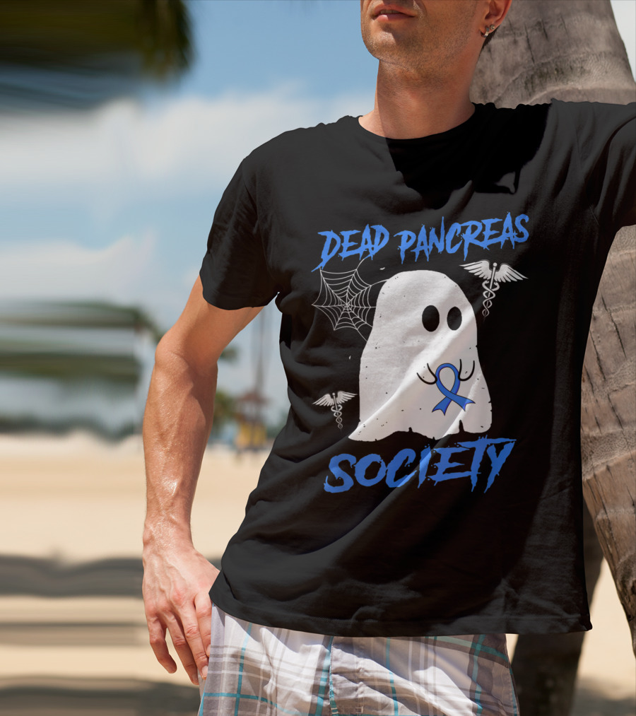 Dead Pancreas Society Diabetes Awareness Halloween Ghost With Blue Ribbon And Caduceus T-Shirt