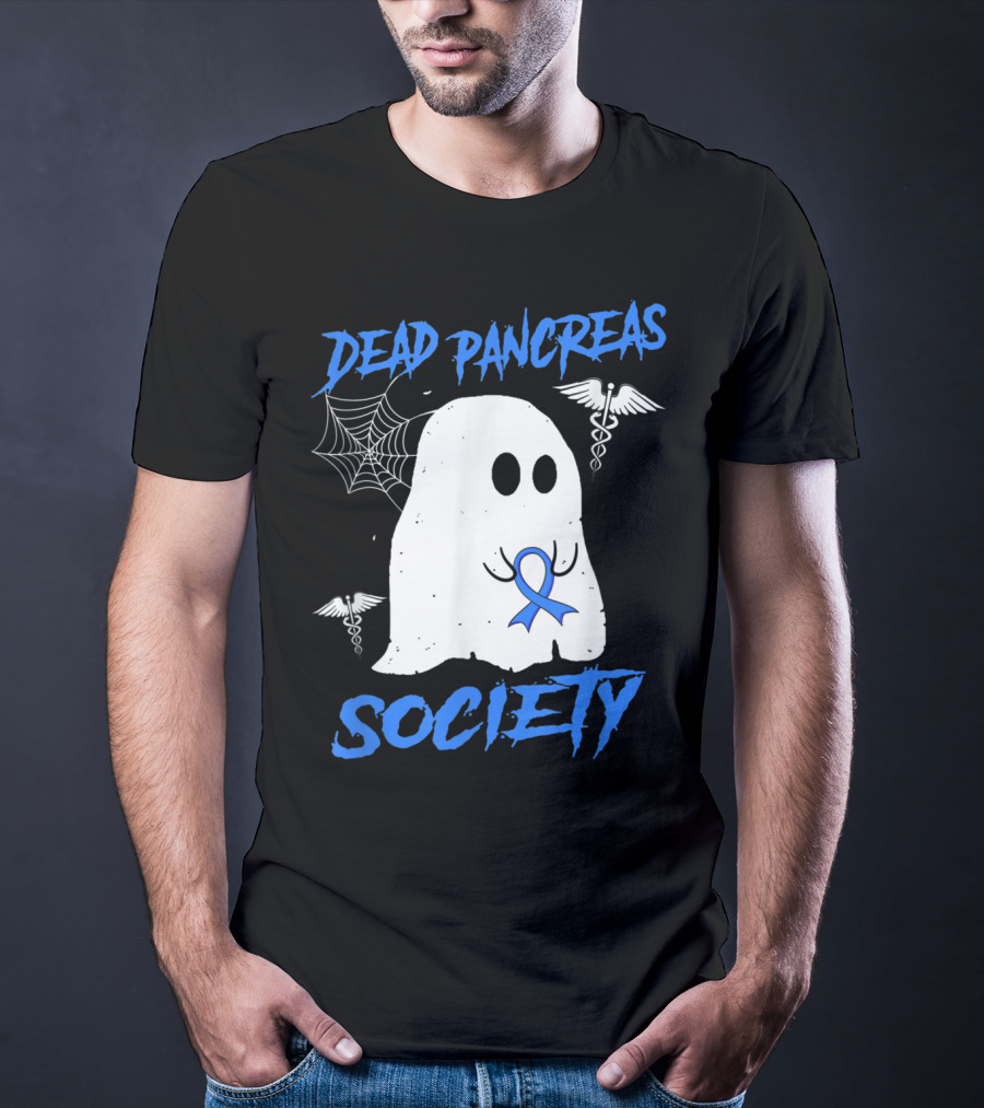 Dead Pancreas Society Diabetes Awareness Halloween Ghost With Blue Ribbon And Caduceus T-Shirt
