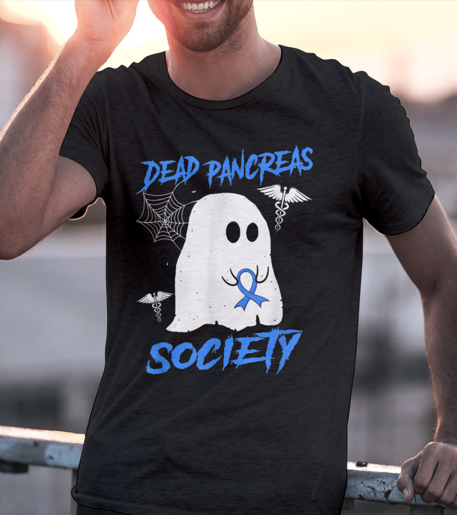 Dead Pancreas Society Diabetes Awareness Halloween Ghost With Blue Ribbon And Caduceus T-Shirt