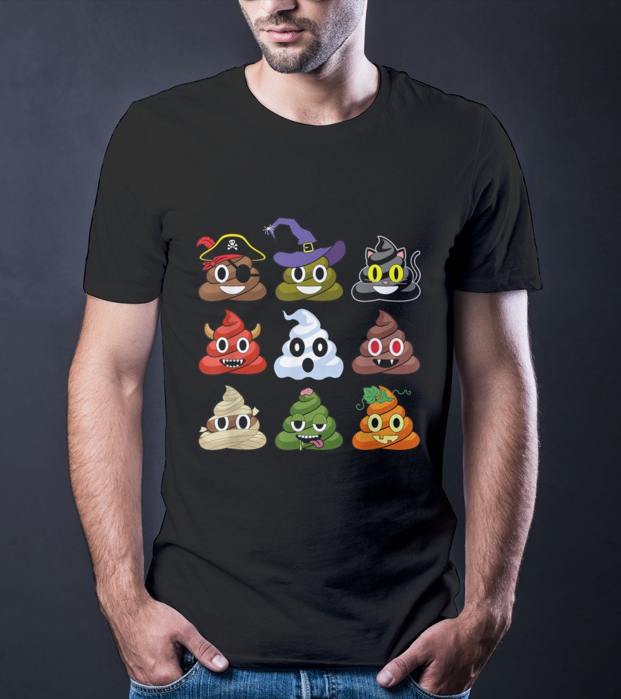 Halloween Pirate Witch Cat Devil Ghost Mummy Zombie Pumpkin Poop Emojis T-Shirt