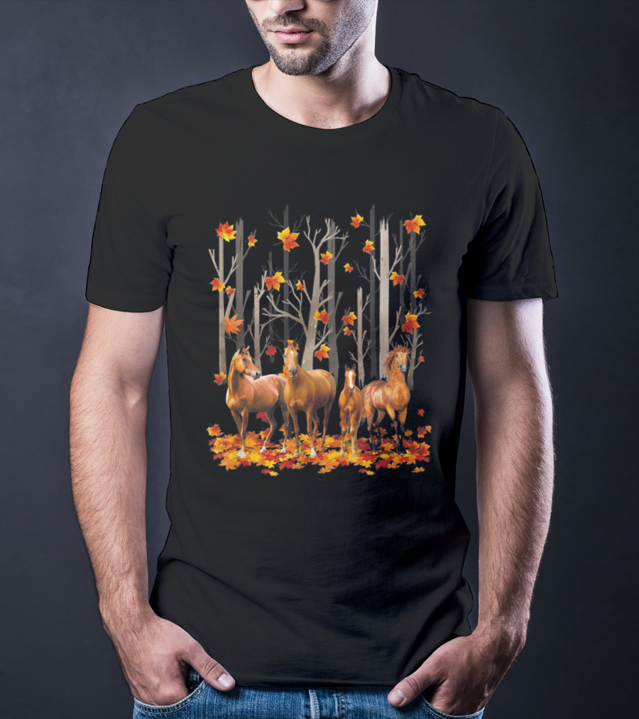 Maple Leaf Fall Hello Autumn Funny Horse Lover T-Shirt