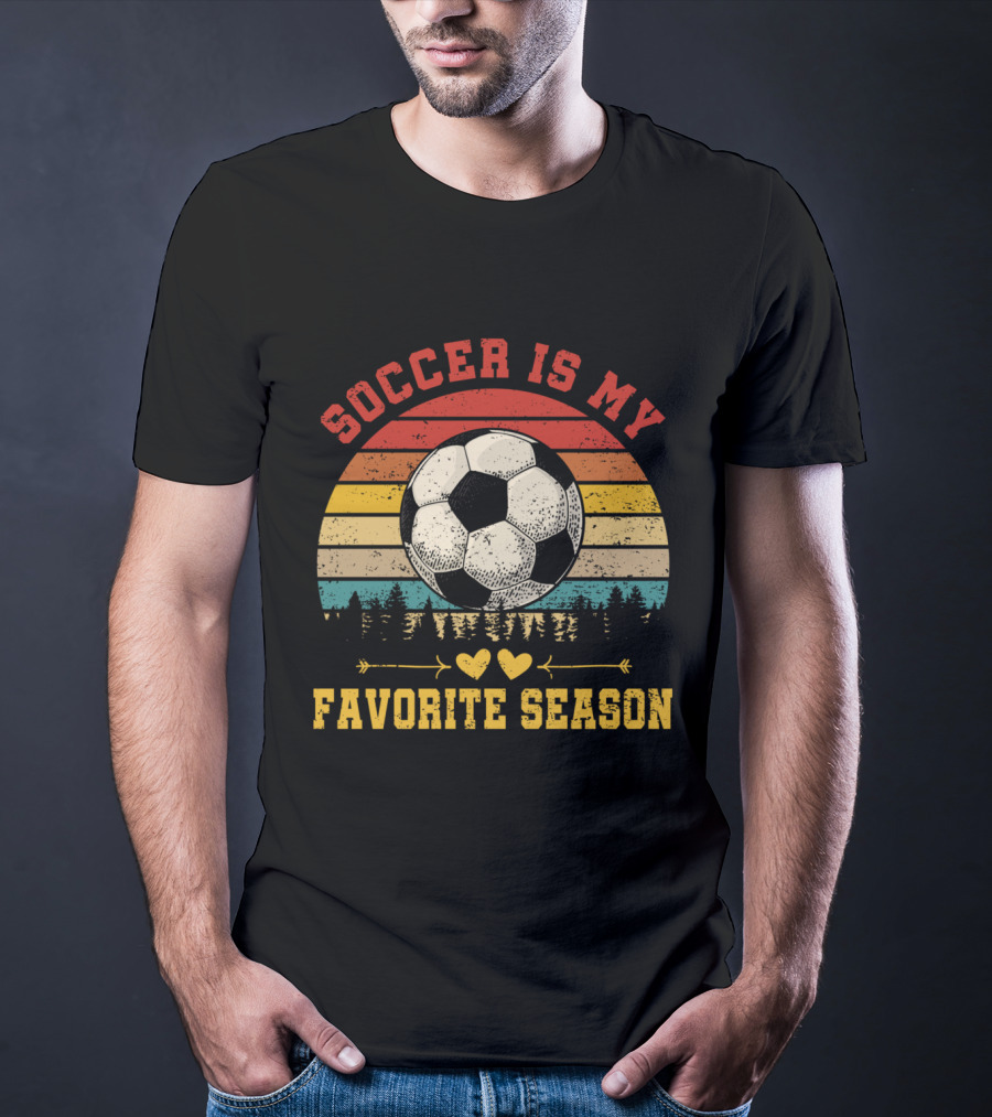 Soccer Is My Favorite Season Vintage Sunset Forest Soccer Ball T-Shirt