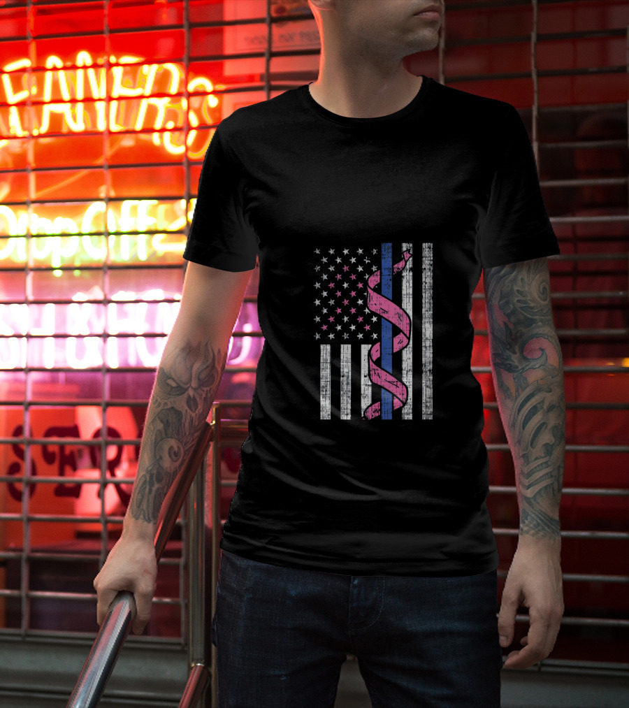 Blue Line American Flag Pink Ribbon Breast Cancer Awareness T-Shirt