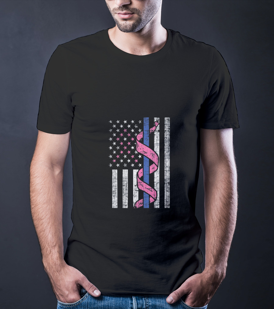 Blue Line American Flag Pink Ribbon Breast Cancer Awareness T-Shirt