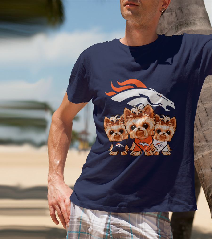 Denver Broncos Yorkies With Team Logo And Three Adorable Dogs In Jerseys T-Shirt